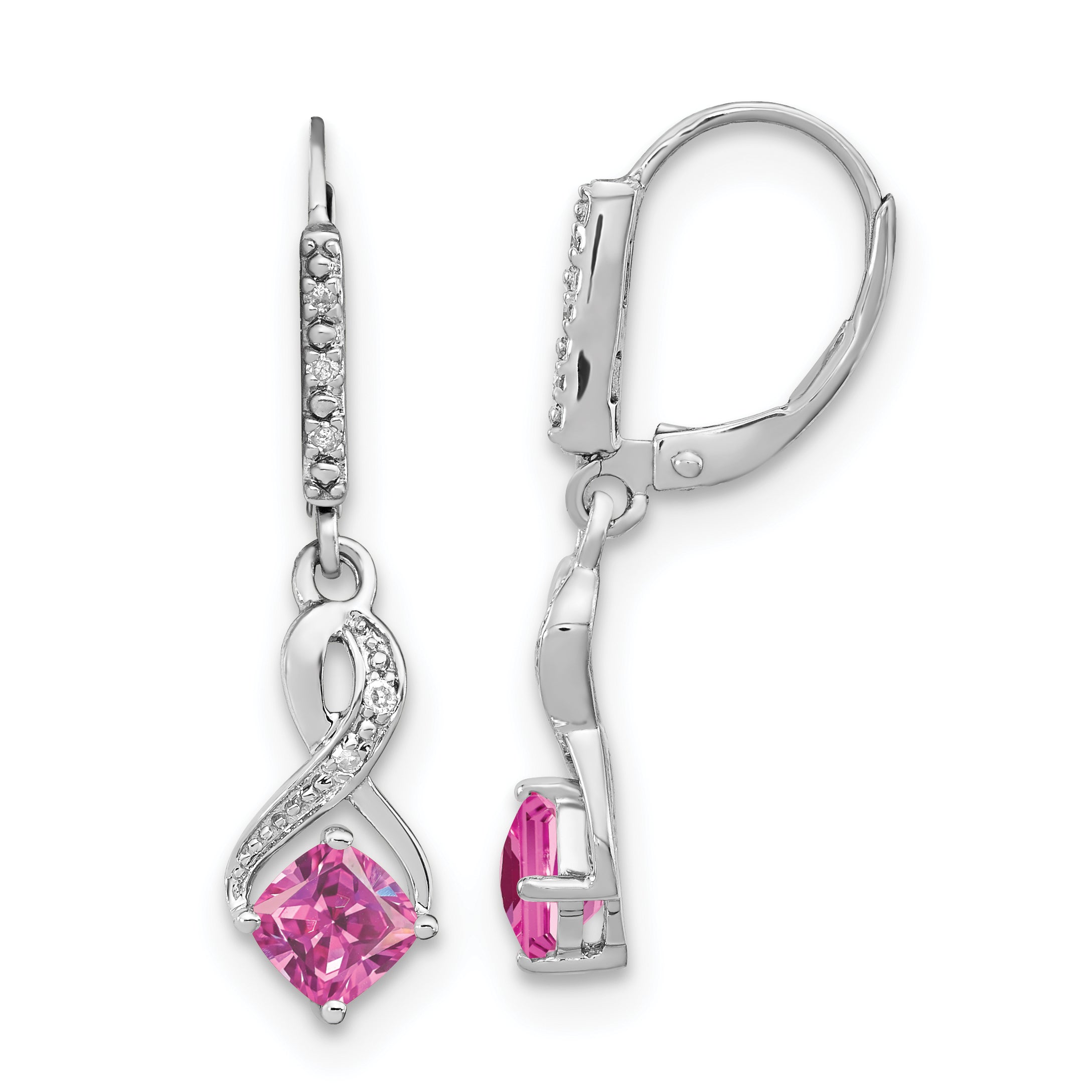 Sterling Silver Rhodium-plated Creat. Pink Sapphire and Diamond Earrings