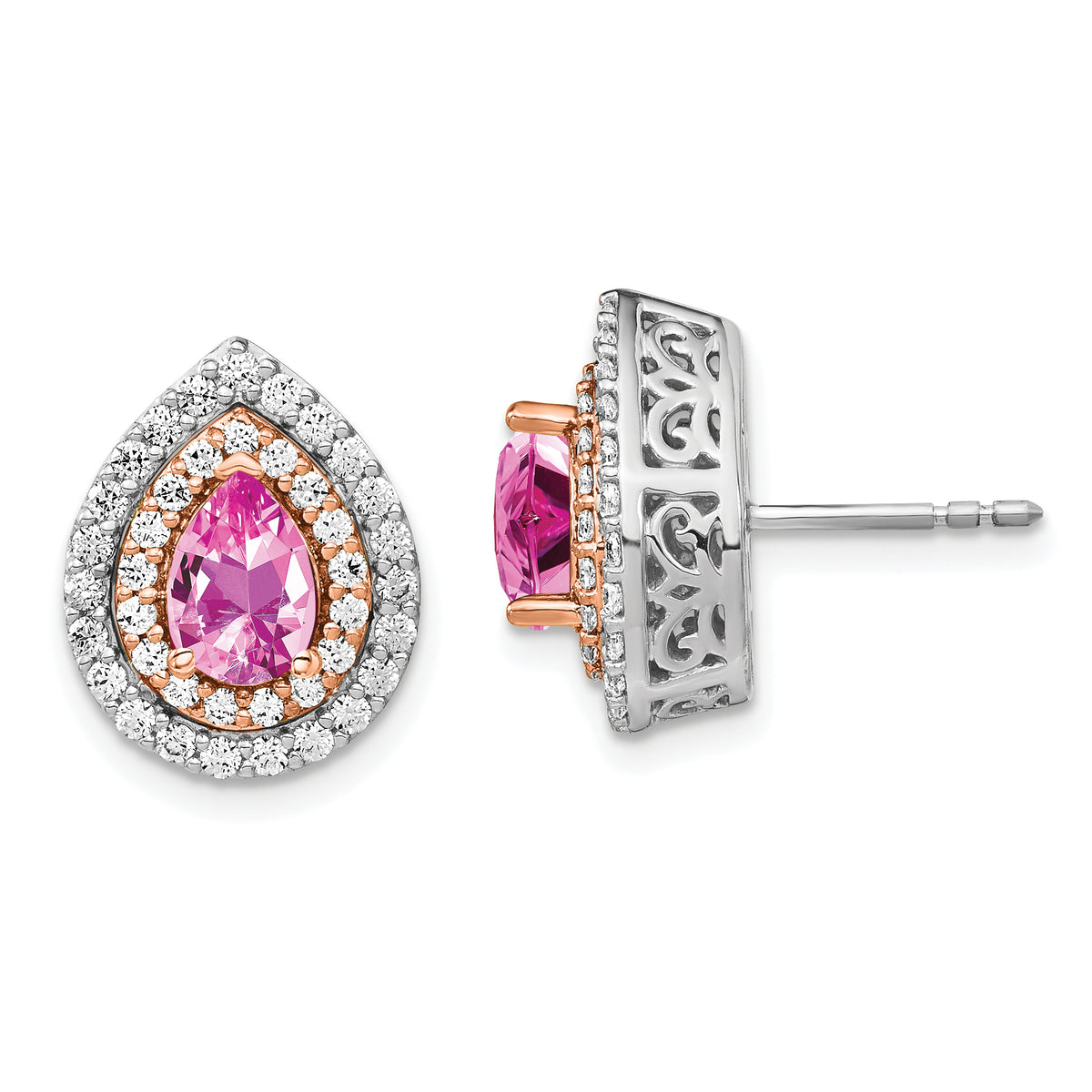 14K Two-Tone Lab Grown Diamond and Created Pink Sapphire Earrings