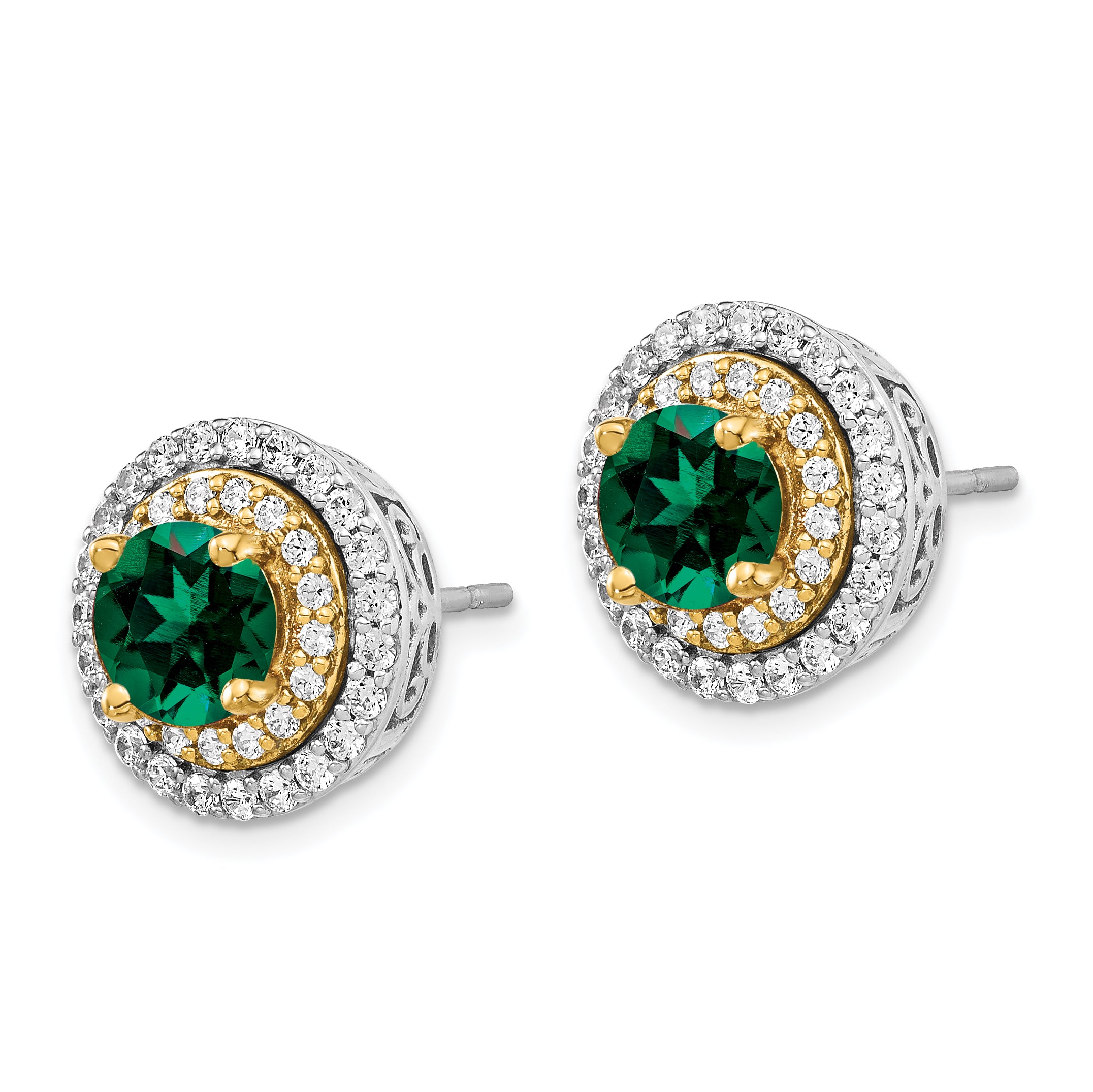 14K Two-Tone Lab Grown Diamond and Created Emerald Earrings