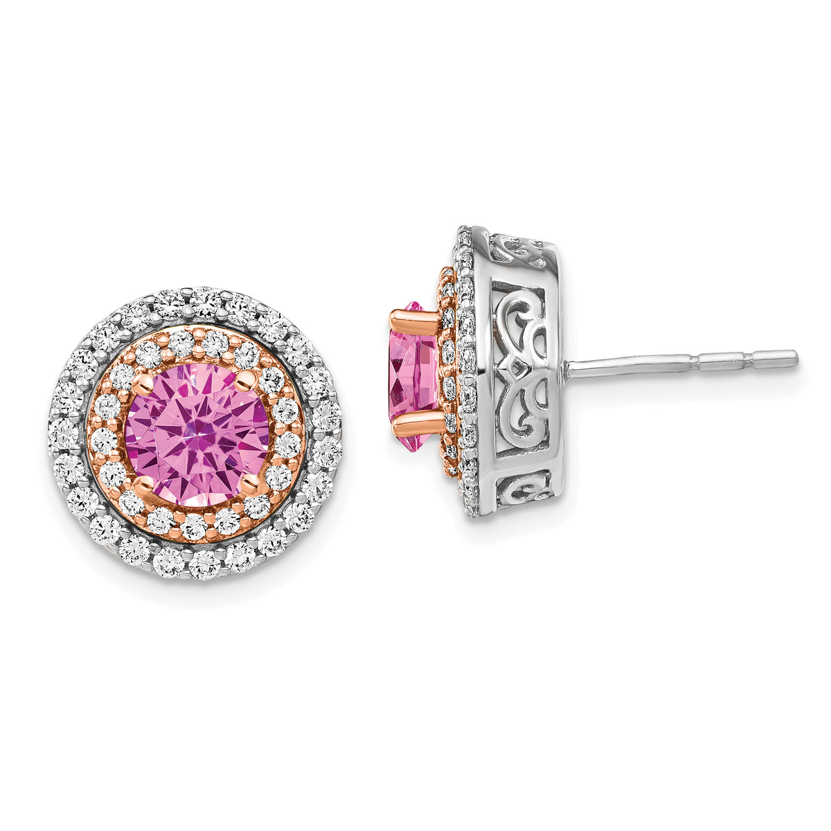 14K Two-Tone Lab Grown Diamond and Created Pink Sapphire Earrings