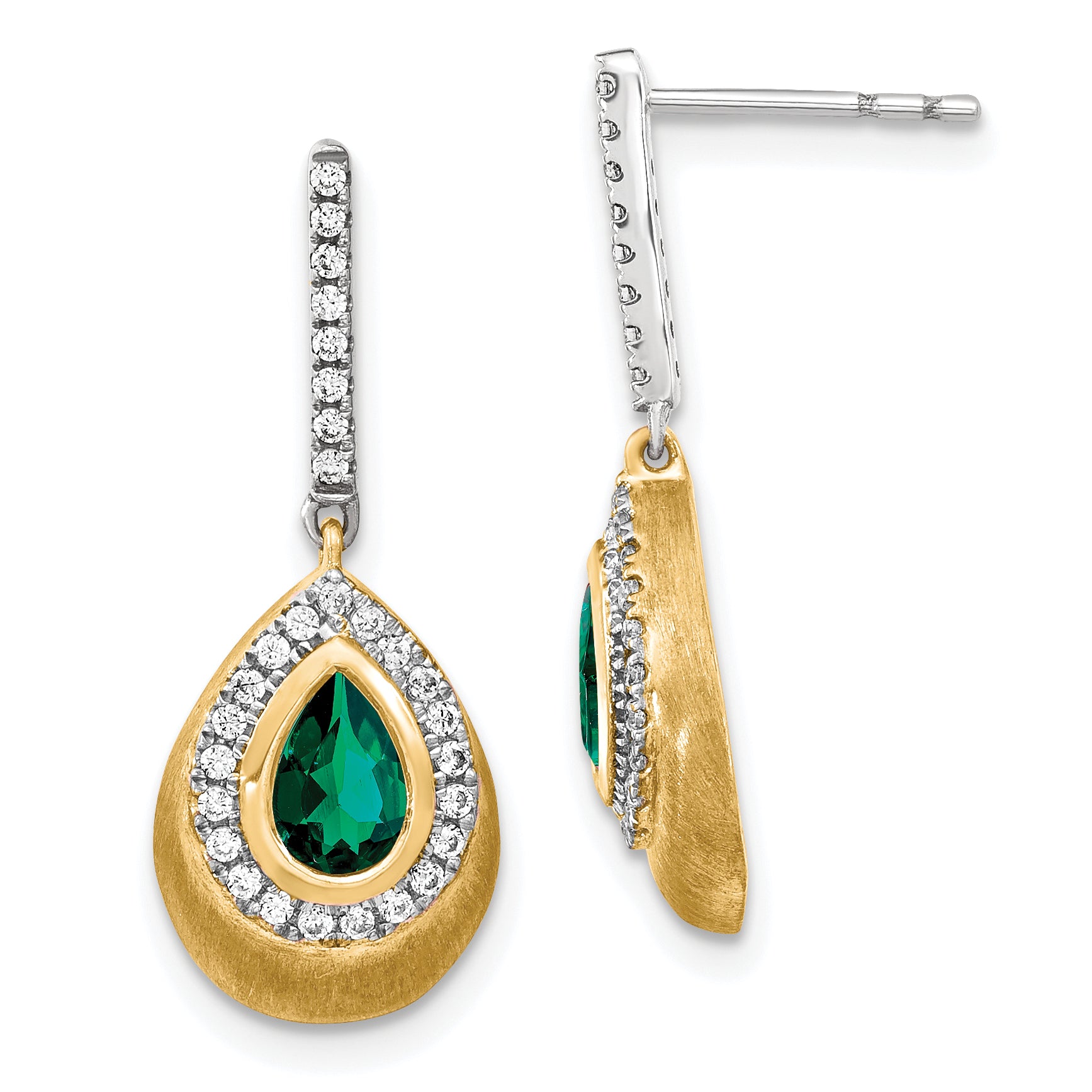 14K Two-tone Lab Grown Diamond and Created Emerald Earrings