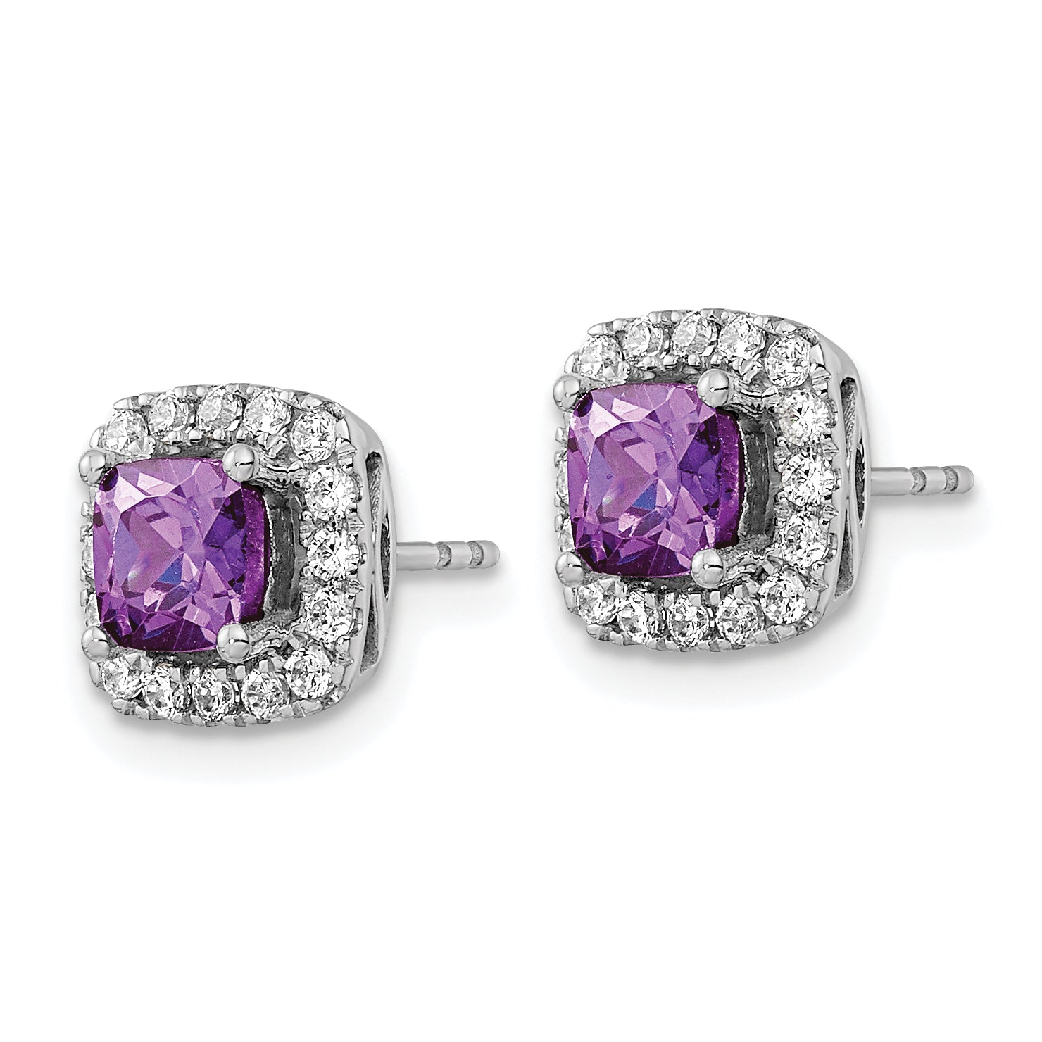 14K White Gold Lab Grown Diamond and Amethyst Halo Post Earrings