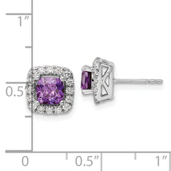 14K White Gold Lab Grown Diamond and Amethyst Halo Post Earrings