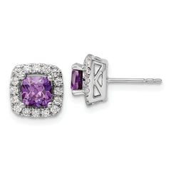 14K White Gold Lab Grown Diamond and Amethyst Halo Post Earrings