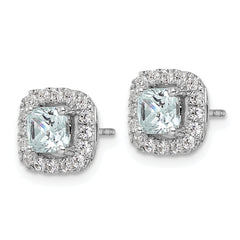 14K White Gold Lab Grown Diamond and Aquamarine Halo Post Earrings