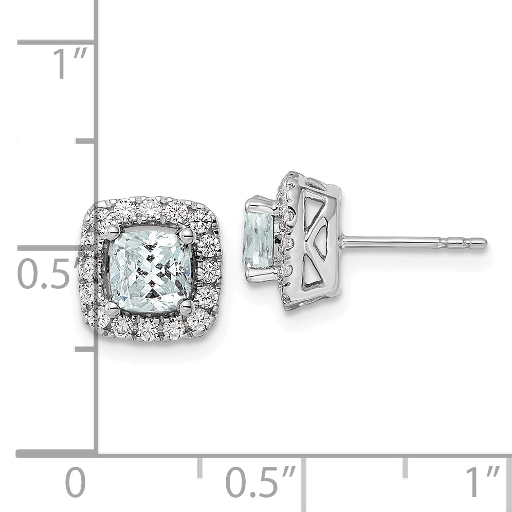 14K White Gold Lab Grown Diamond and Aquamarine Halo Post Earrings