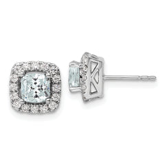 14K White Gold Lab Grown Diamond and Aquamarine Halo Post Earrings