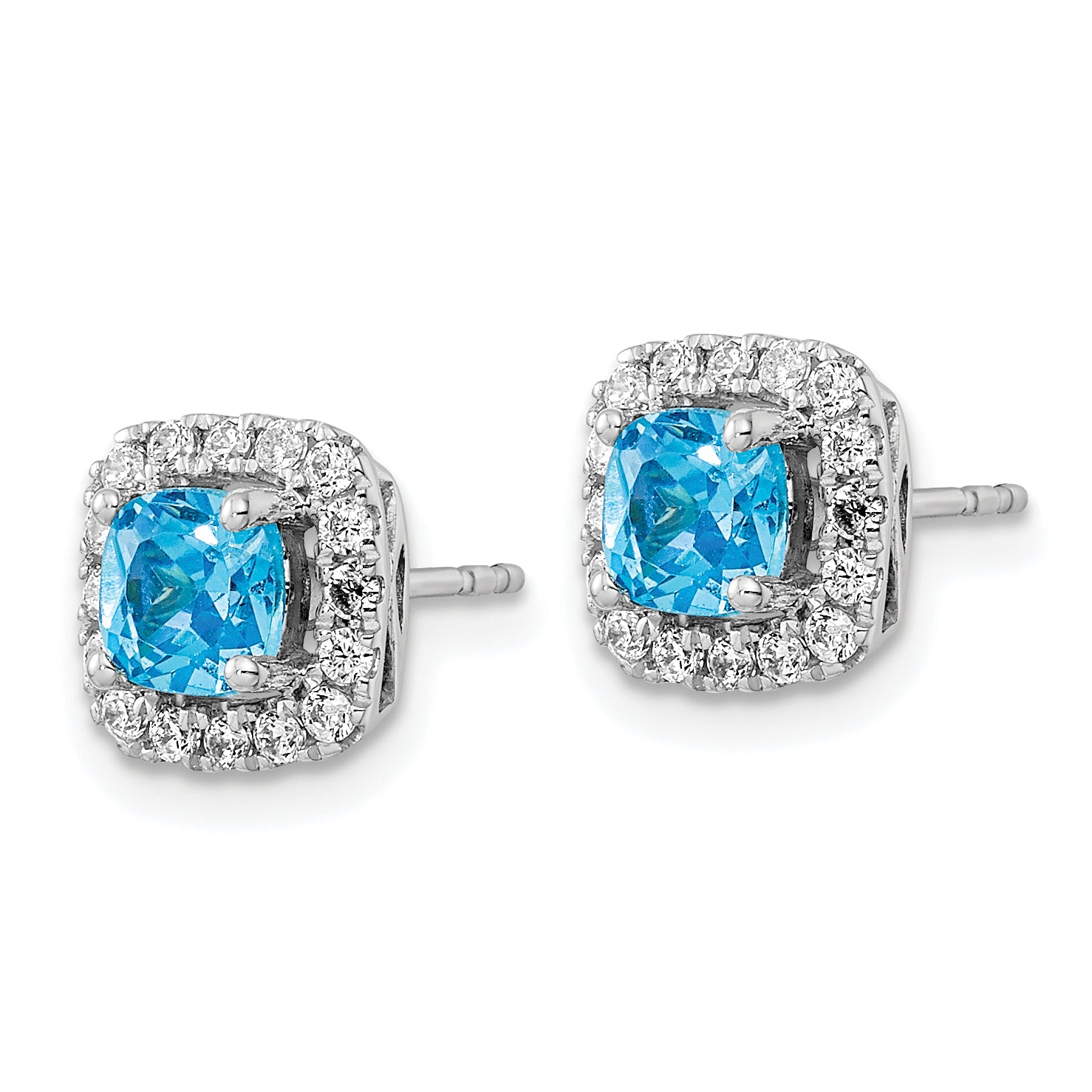 14K White Gold Lab Grown Diamond and Blue Topaz Halo Post Earrings