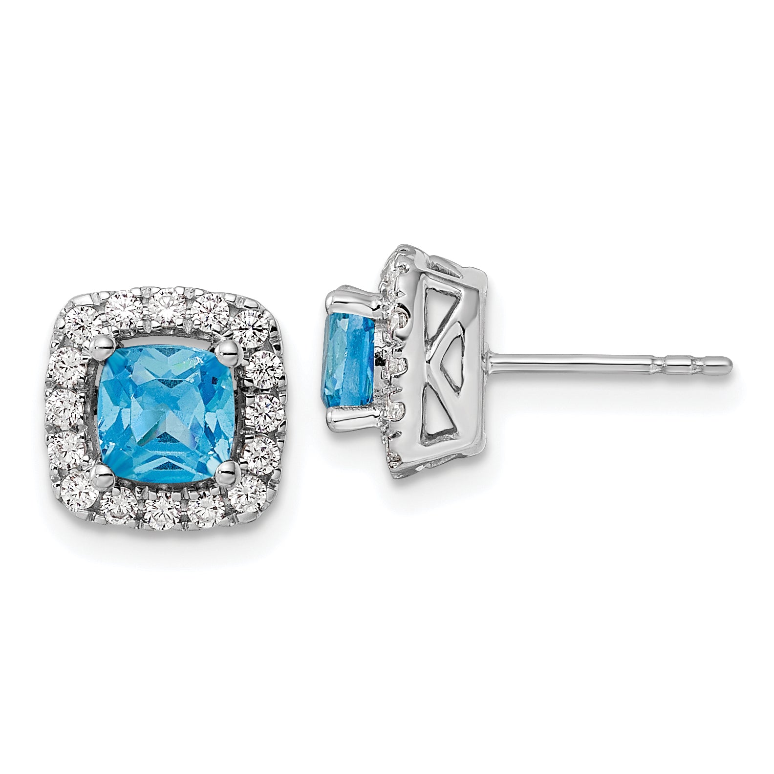 14K White Gold Lab Grown Diamond and Blue Topaz Halo Post Earrings