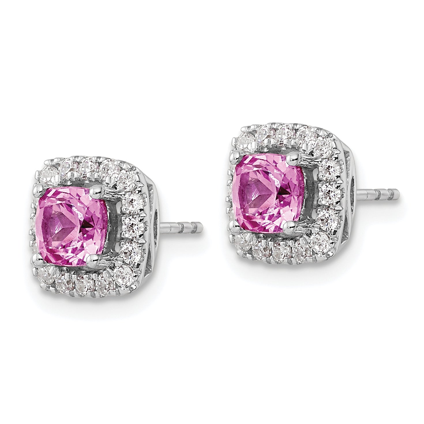 14K White Gold Lab Grown  Diamond and Created Pink Sapphire Halo Post Earri