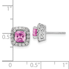 14K White Gold Lab Grown  Diamond and Created Pink Sapphire Halo Post Earri