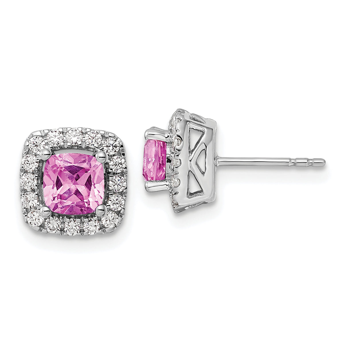 14K White Gold Lab Grown  Diamond and Created Pink Sapphire Halo Post Earri