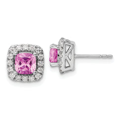 14K White Gold Lab Grown  Diamond and Created Pink Sapphire Halo Post Earri