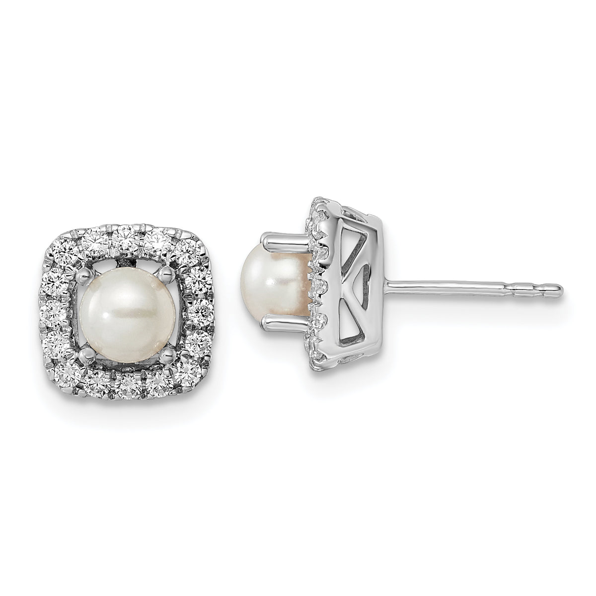 14K White Gold Lab Grown Diamond and Pearl Post Earrings