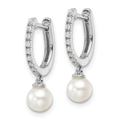 14K White Gold Lab Grown Diamond Drop Pearl Hoop Earrings