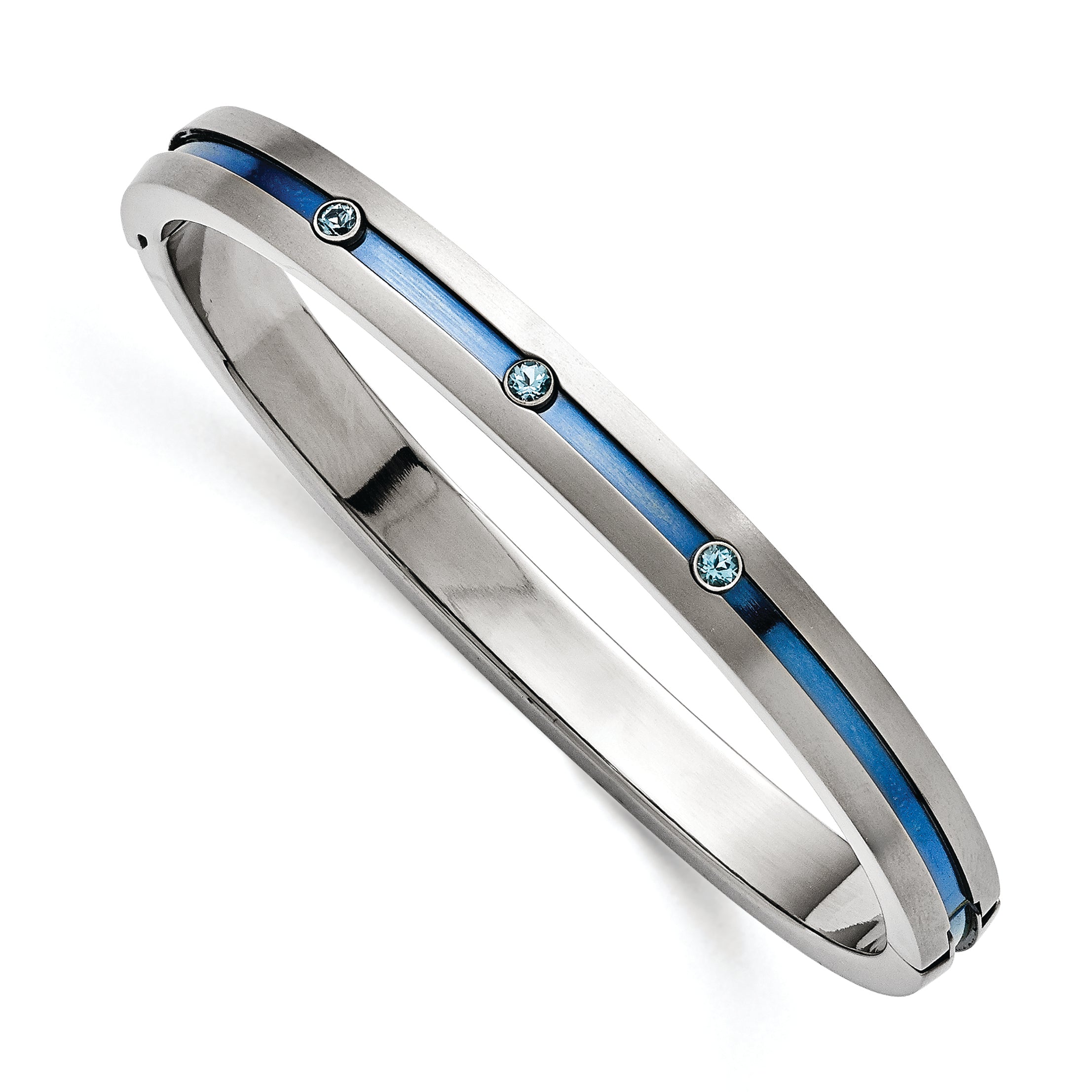 Edward Mirell Grey Ti Brushed Blue Anodized Blue Topaz Hinged Bangle Bracel