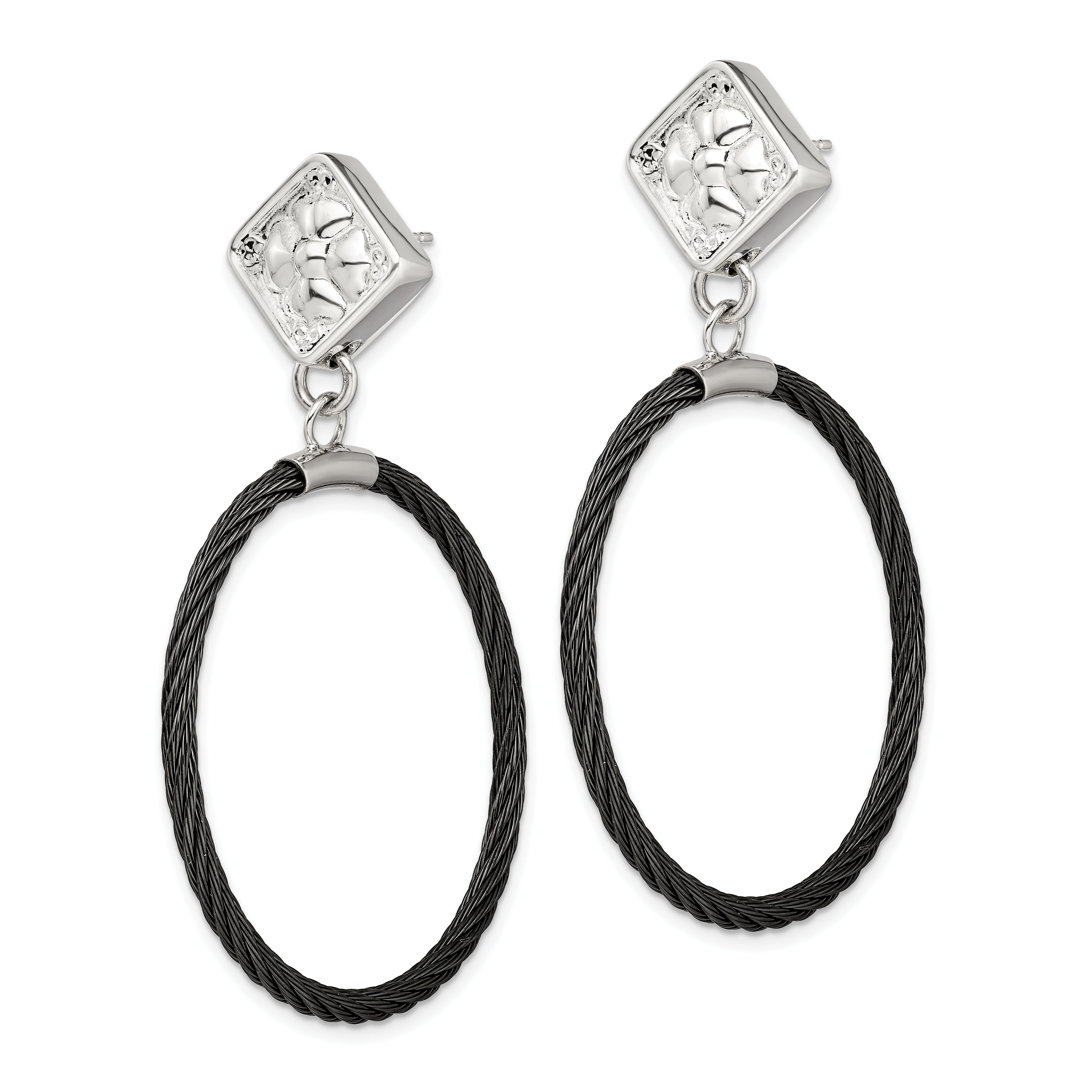 Edward Mirell Black Ti Cable and Sterling Silver Floral Post Dangle Earrings