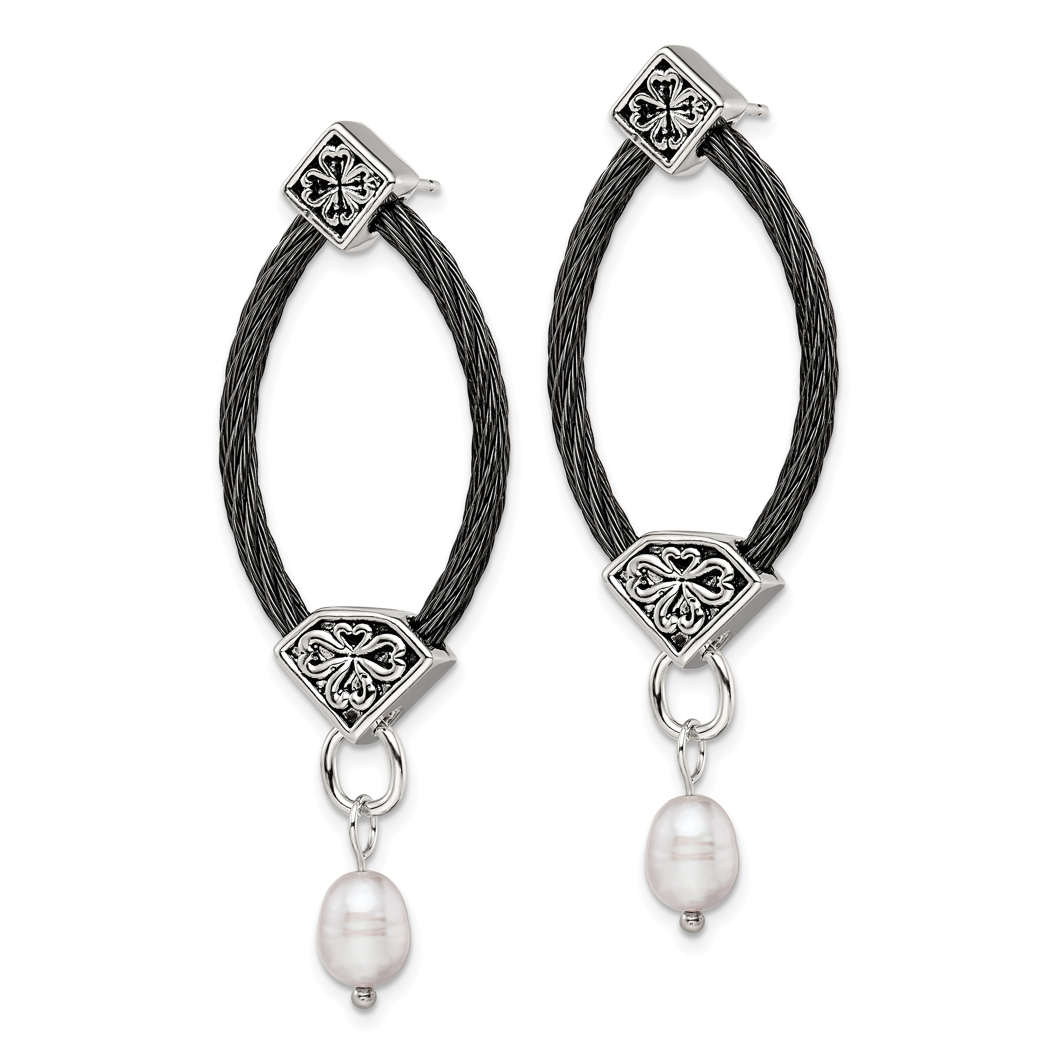 Sophia Jewelers Black Titanium & Silver Dangle Earrings with Pearl Floral Accent