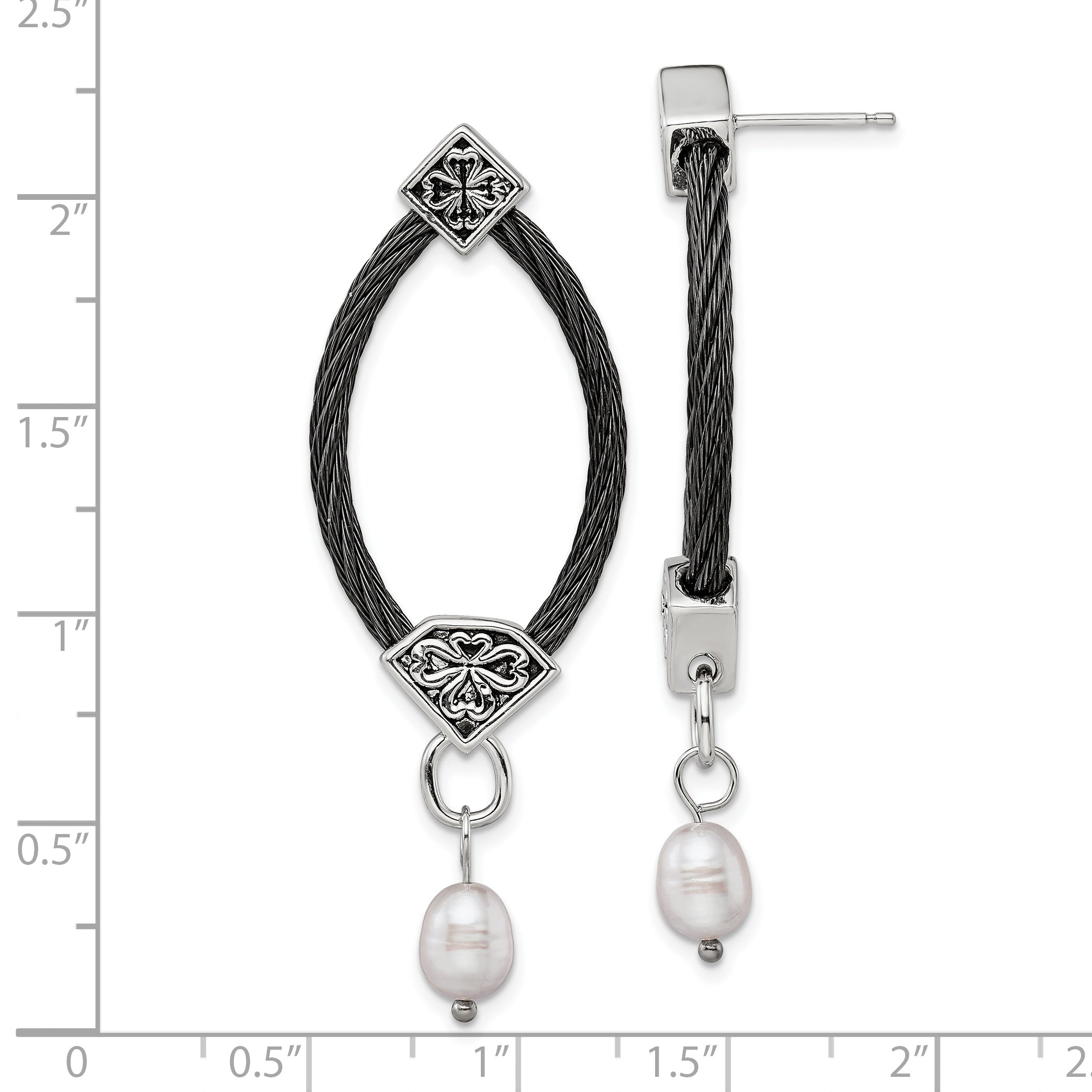 Sophia Jewelers Black Titanium & Silver Dangle Earrings with Pearl Floral Accent