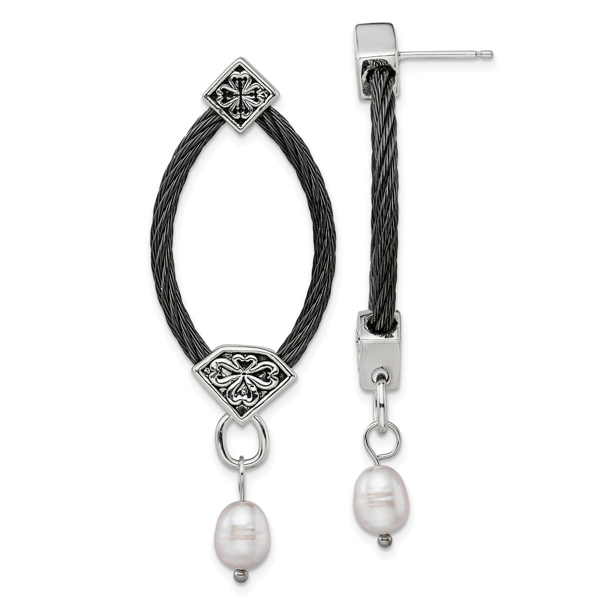 Edward Mirell Black Ti Cable and Sterling Silver Floral Accent with Freshwater Cultured Pearl Dangle Earrings