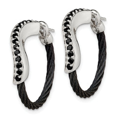 Edward Mirell Black Ti Cable and Sterling Silver with Black Spinel Hoop Earrings