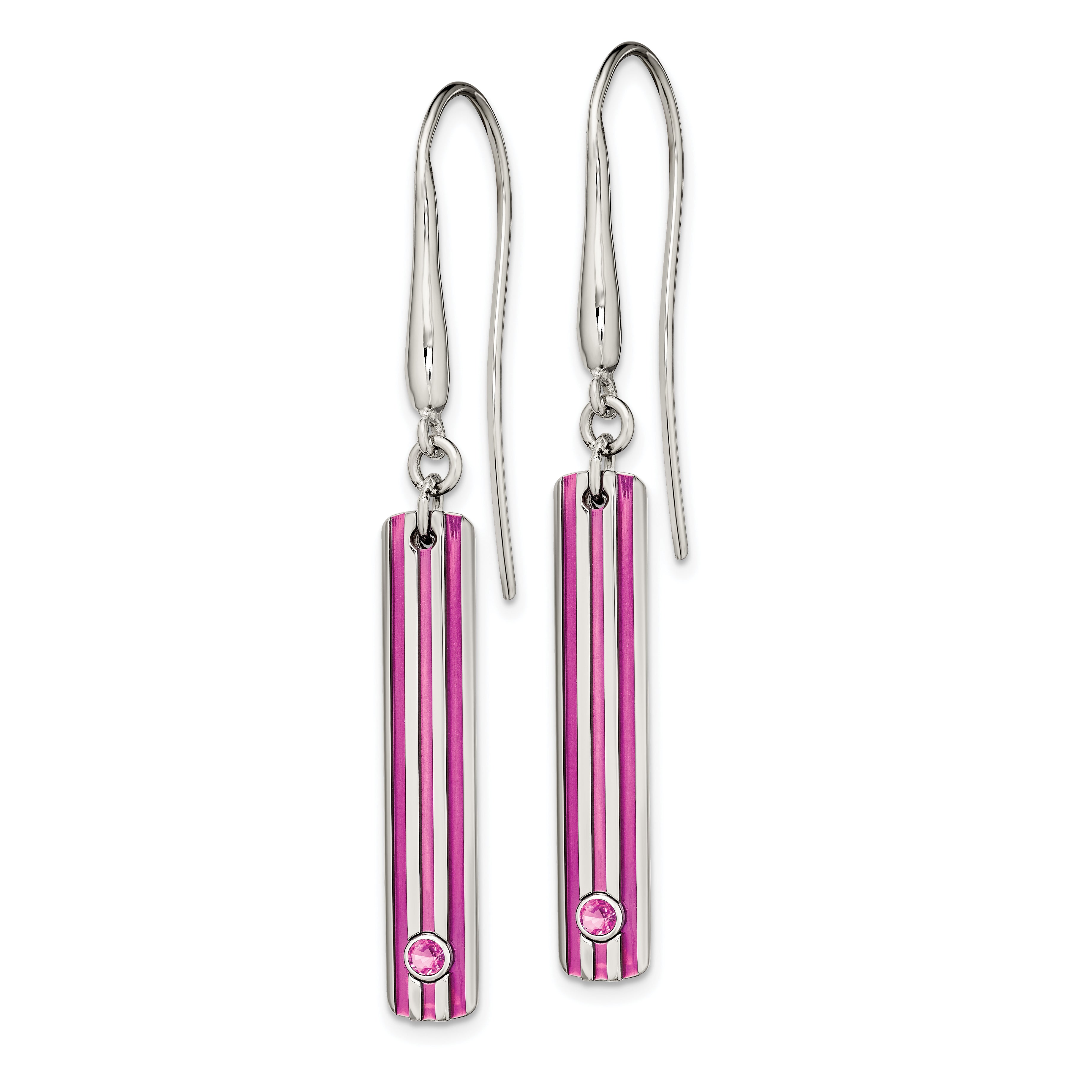 Titanium Drop Earrings with Pink Anodized Grooves and Sapphire Gemstone