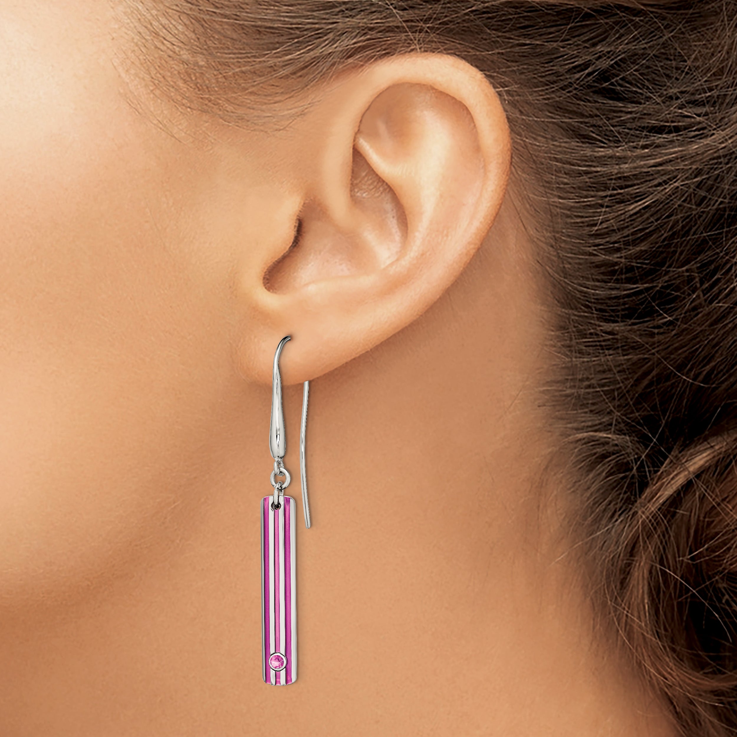 Titanium Drop Earrings with Pink Anodized Grooves and Sapphire Gemstone