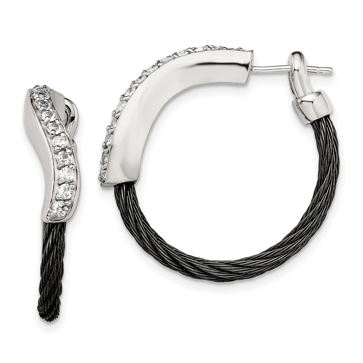 Edward Mirell Black Ti Memory Cable and Argentium Sterling Silver with White Sapphire Hoop Earrings