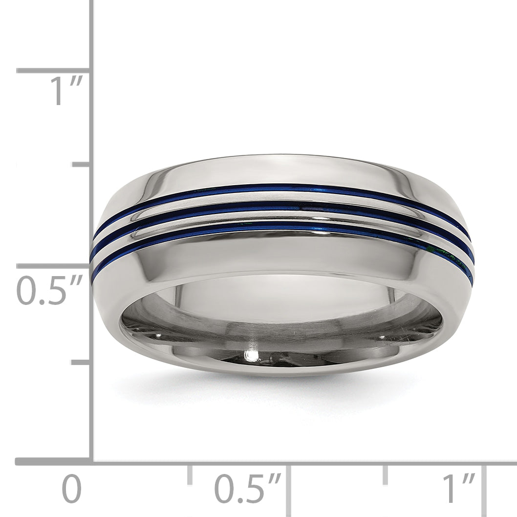 Edward Mirell Titanium with Blue Anodized Triple Groove Domed 8mm Band