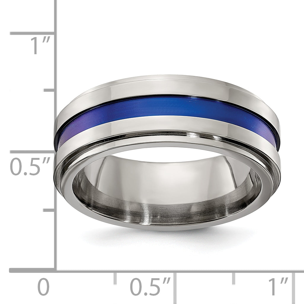 Edward Mirell Gray Titanium with Blue Anodized Stripe Flat Grooved Step Edge 8mm Band