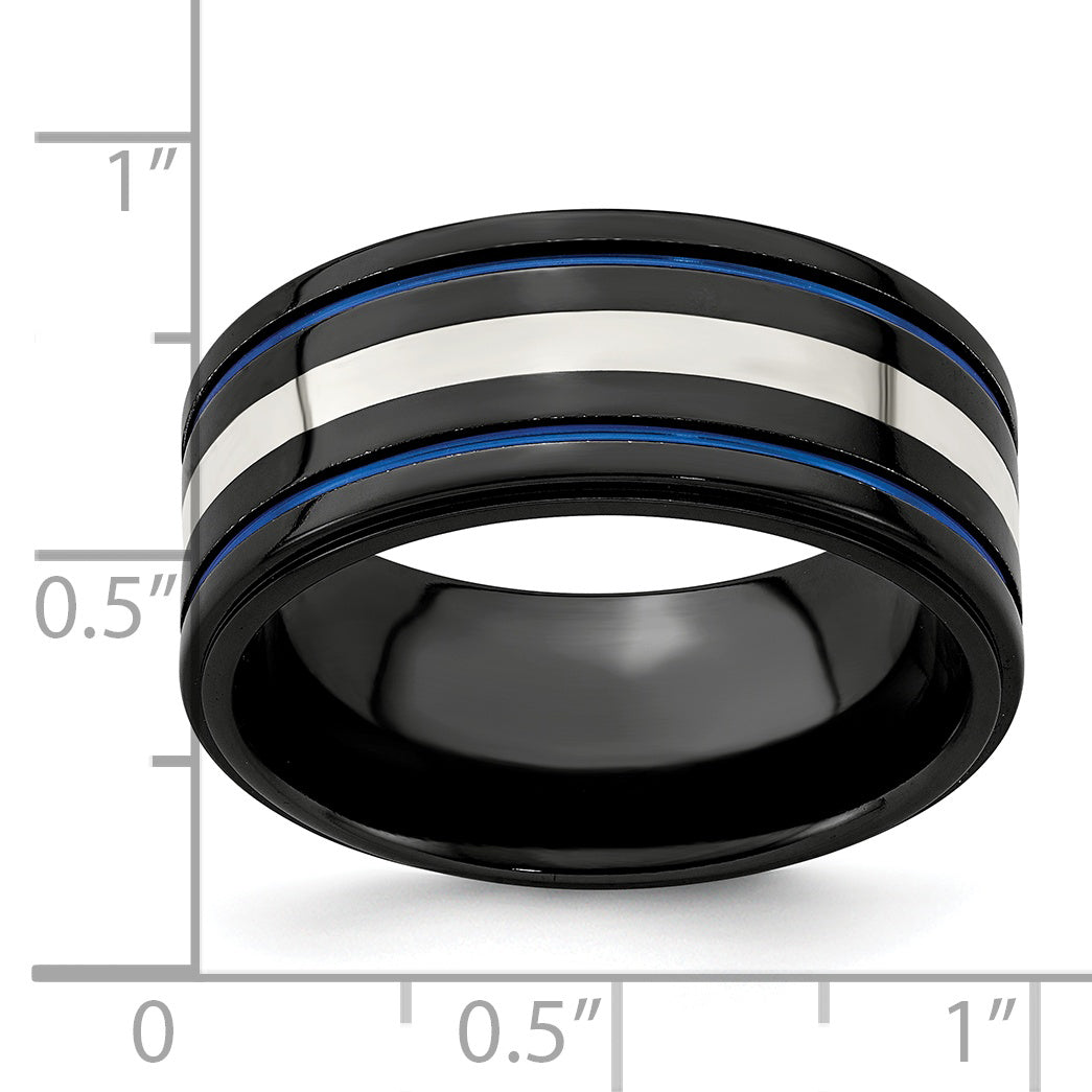 Edward Mirell Titanium Silver Wedding Band with Blue Grooved Edge