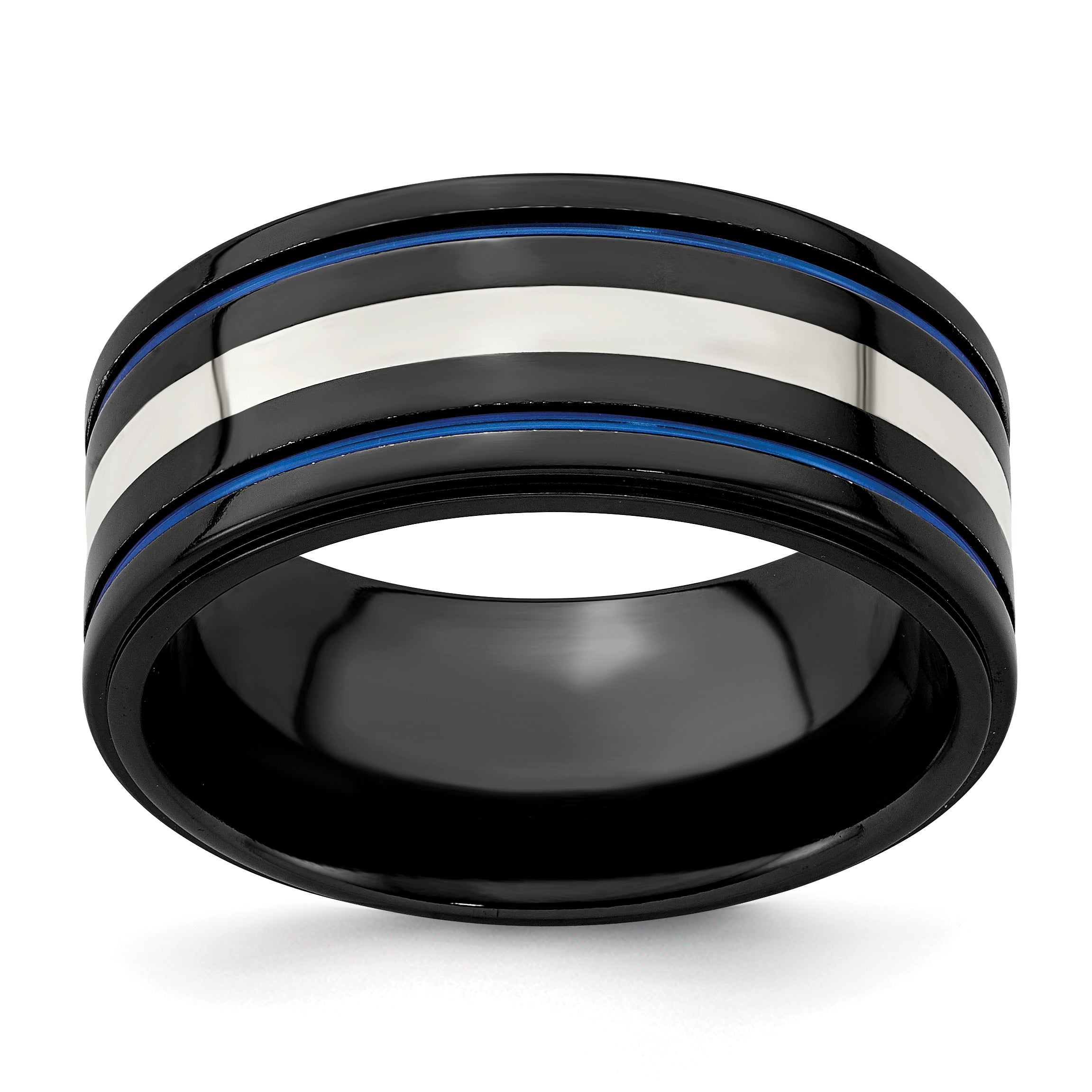 Edward Mirell Black Ti Sterling 925 & Grooved Blue Anodized Band