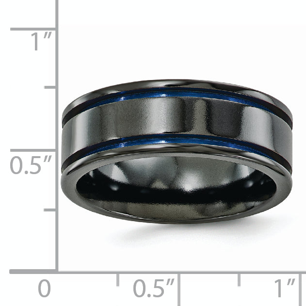 Edward Mirell Titanium Black Ti with Blue Anodized Grooves Flat 8mm Band