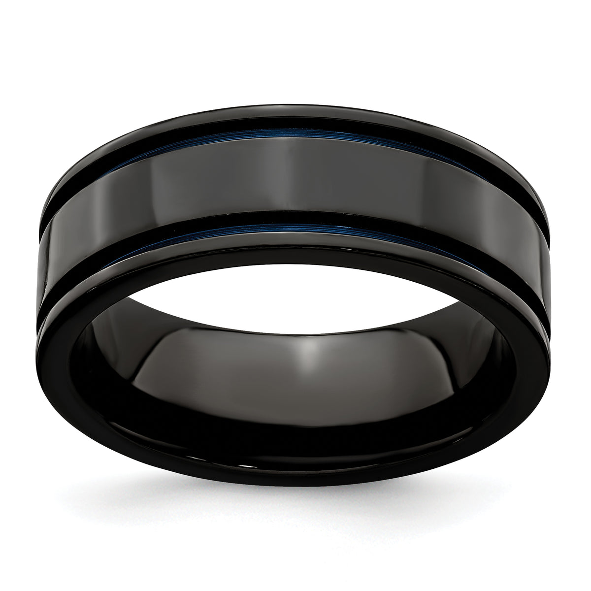 Edward Mirell Titanium Black Ti with Blue Anodized Grooves Flat 8mm Band