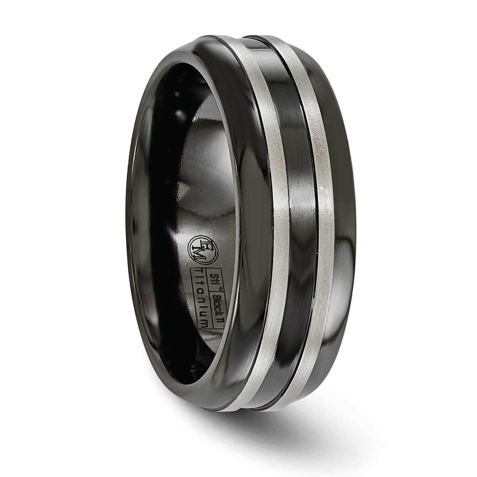 Edward Mirell Titanium Brushed/Polished/Grooved Black Ti 8mm Ring