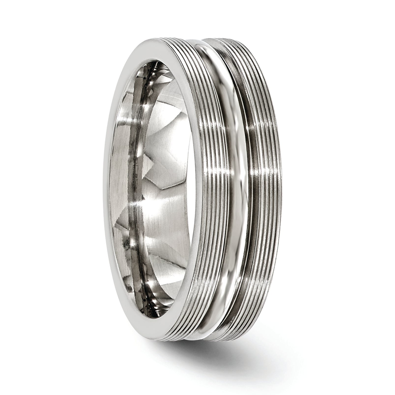 Titanium Wedding Band with Textured Lines and Polished Brushed Finish