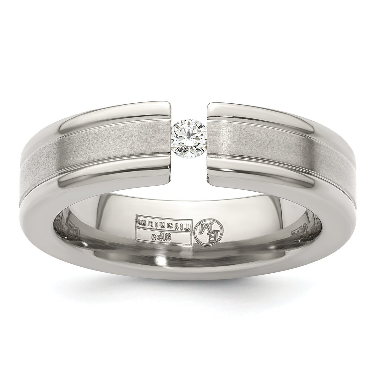 Edward Mirell Titanium Tension-set 1/10 carat Diamond Brushed/Polished Grooved 6mm Flat Band