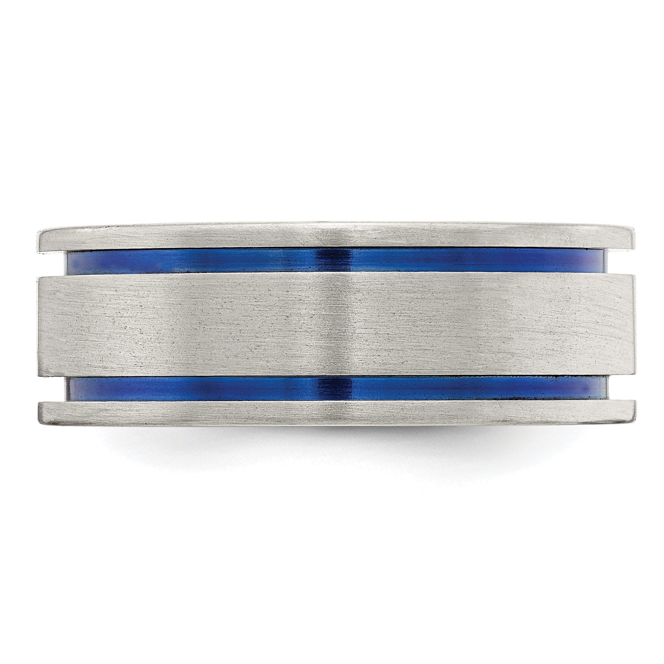 Titanium 8mm Wedding Band with Blue Accents and Engravable Grooves