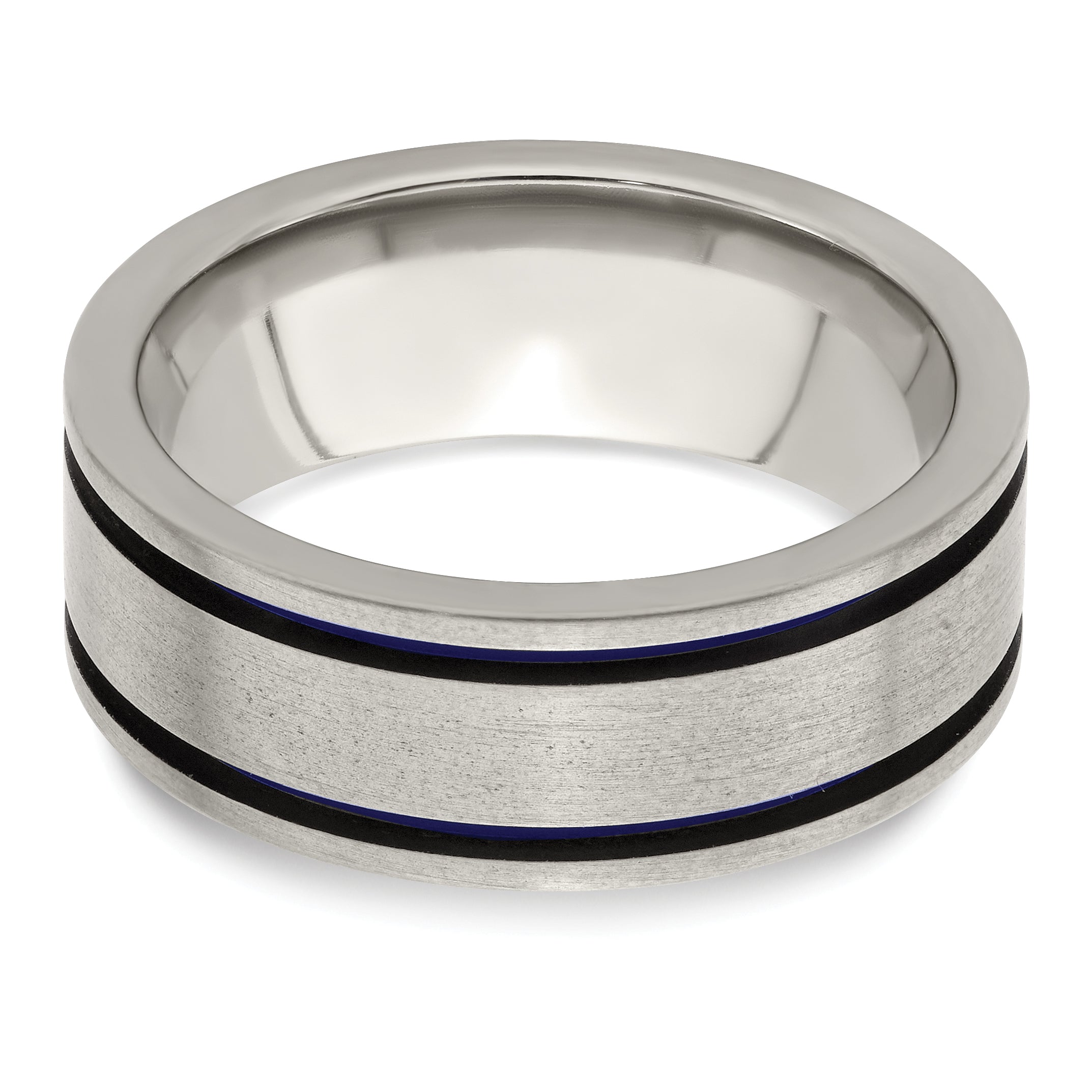 Titanium 8mm Wedding Band with Blue Accents and Engravable Grooves