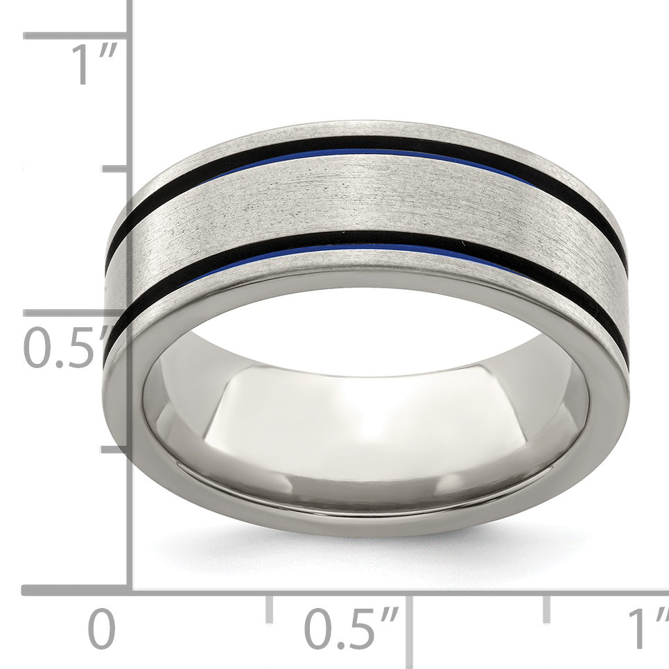 Titanium 8mm Wedding Band with Blue Accents and Engravable Grooves