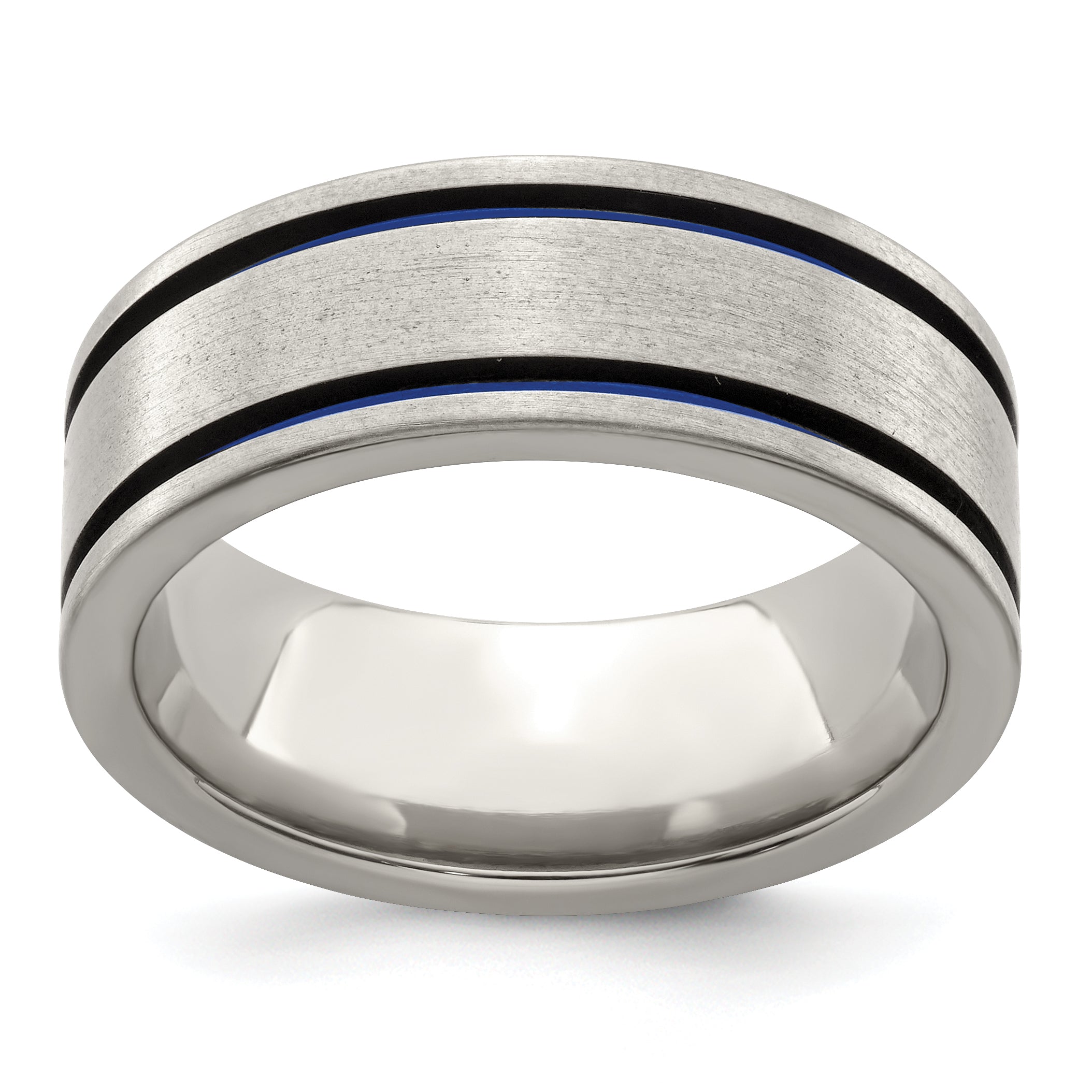 Edward Mirell Titanium Brushed with Blue Anodized Double Groove Flat 8mm Band