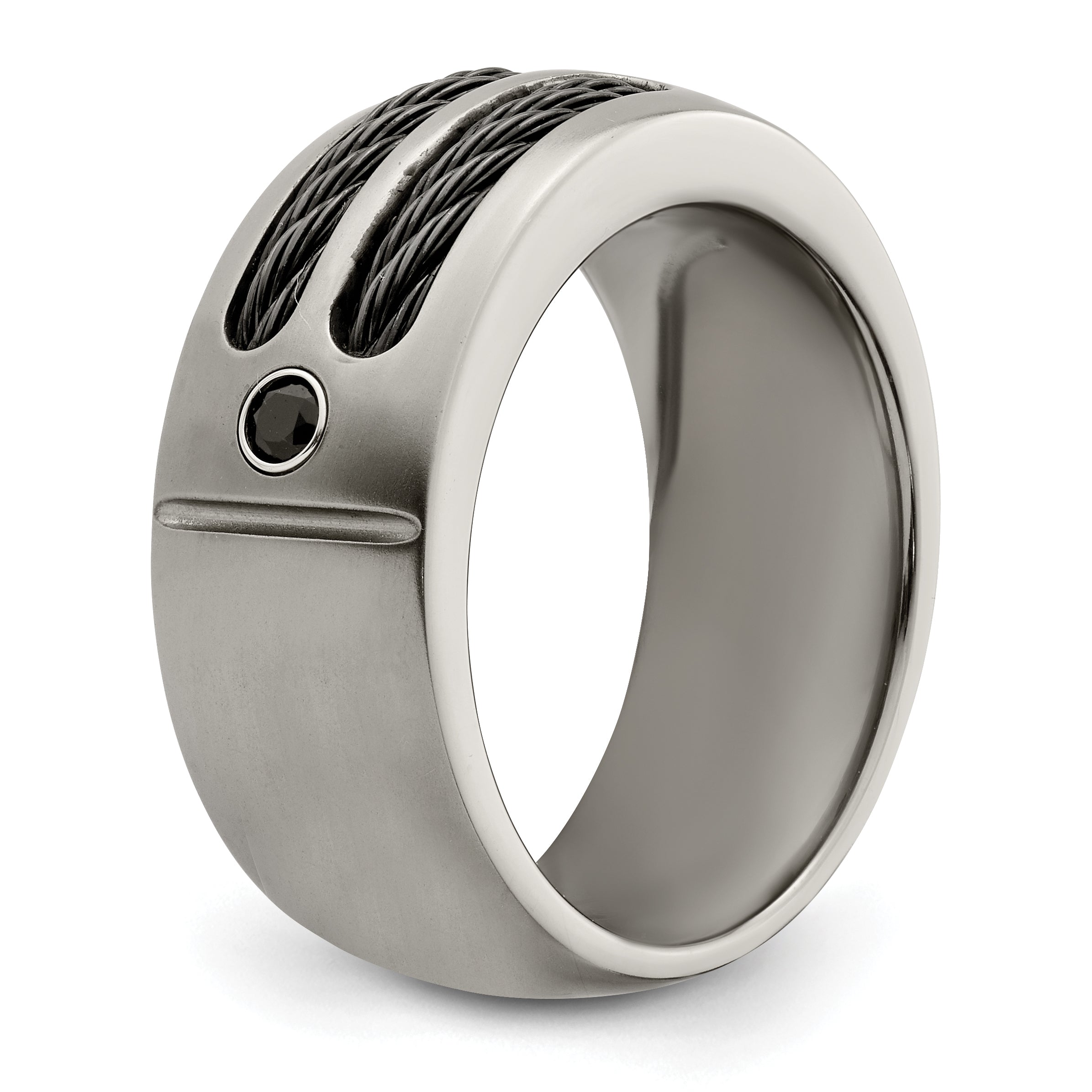 Titanium Wedding Band with Black Spinel Bezel and Brushed Finish