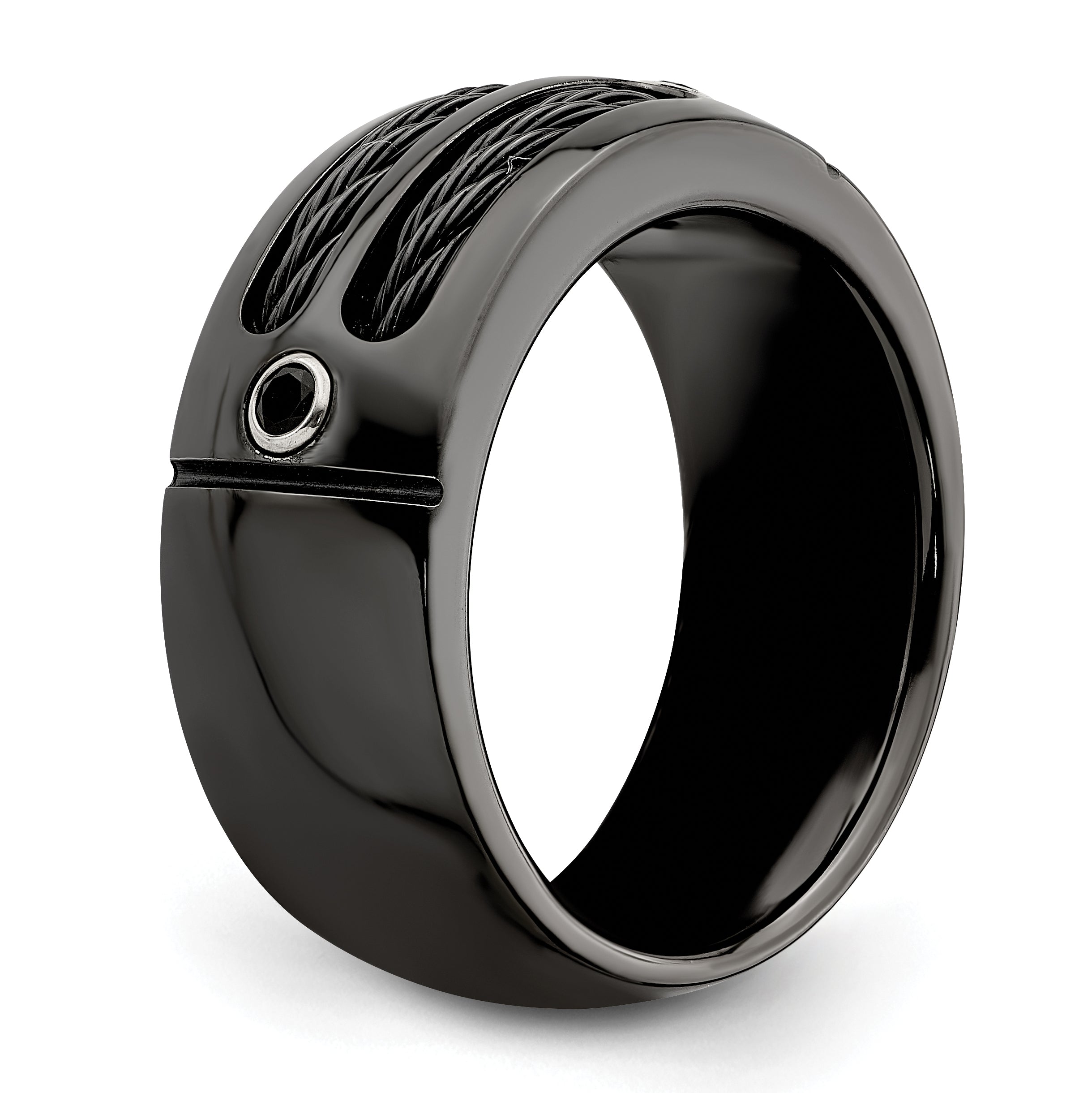 Edward Mirell Black Titanium Wedding Band with Spinel and Cable Design