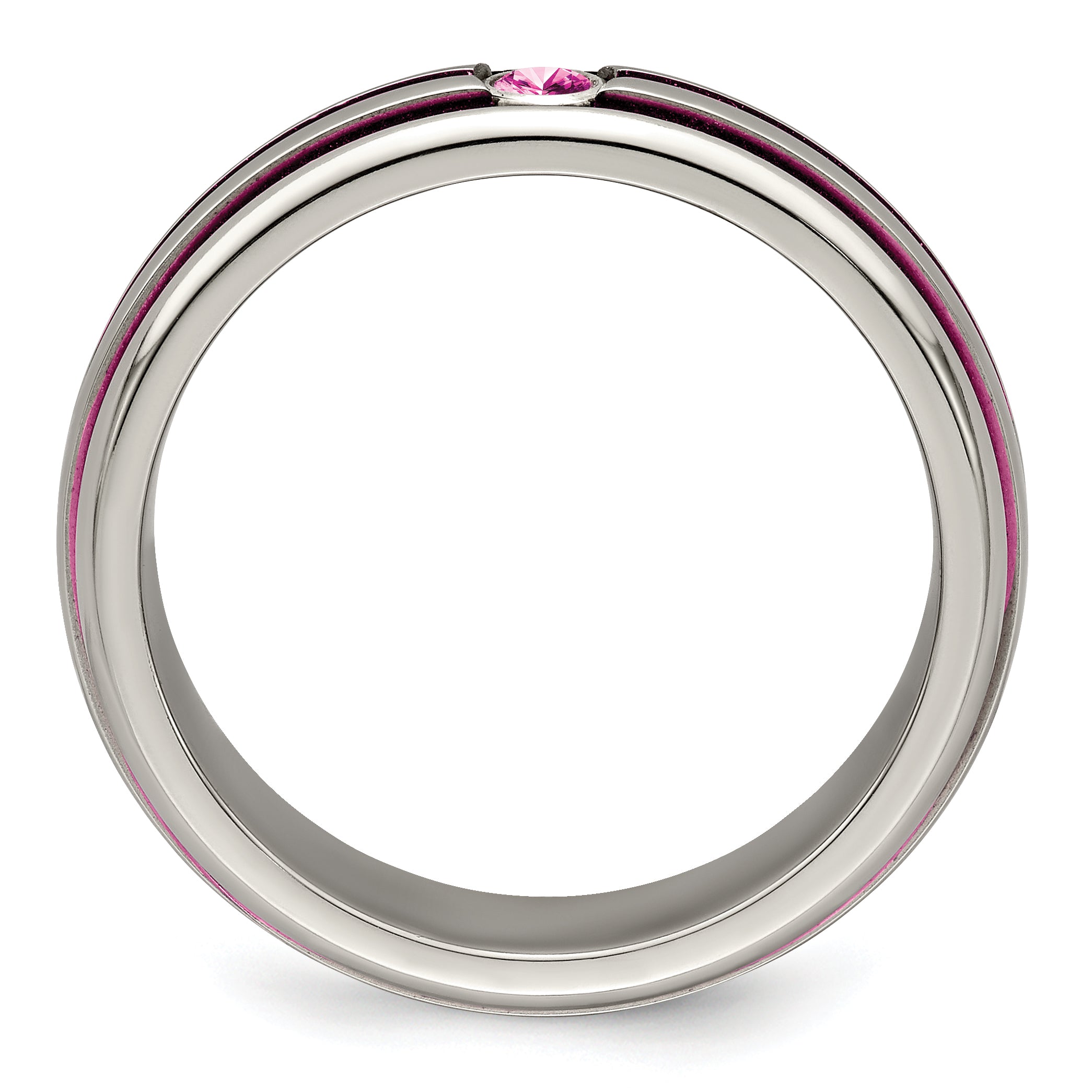 Edward Mirell Titanium Wedding Band with Pink Sapphire and Grooved Design