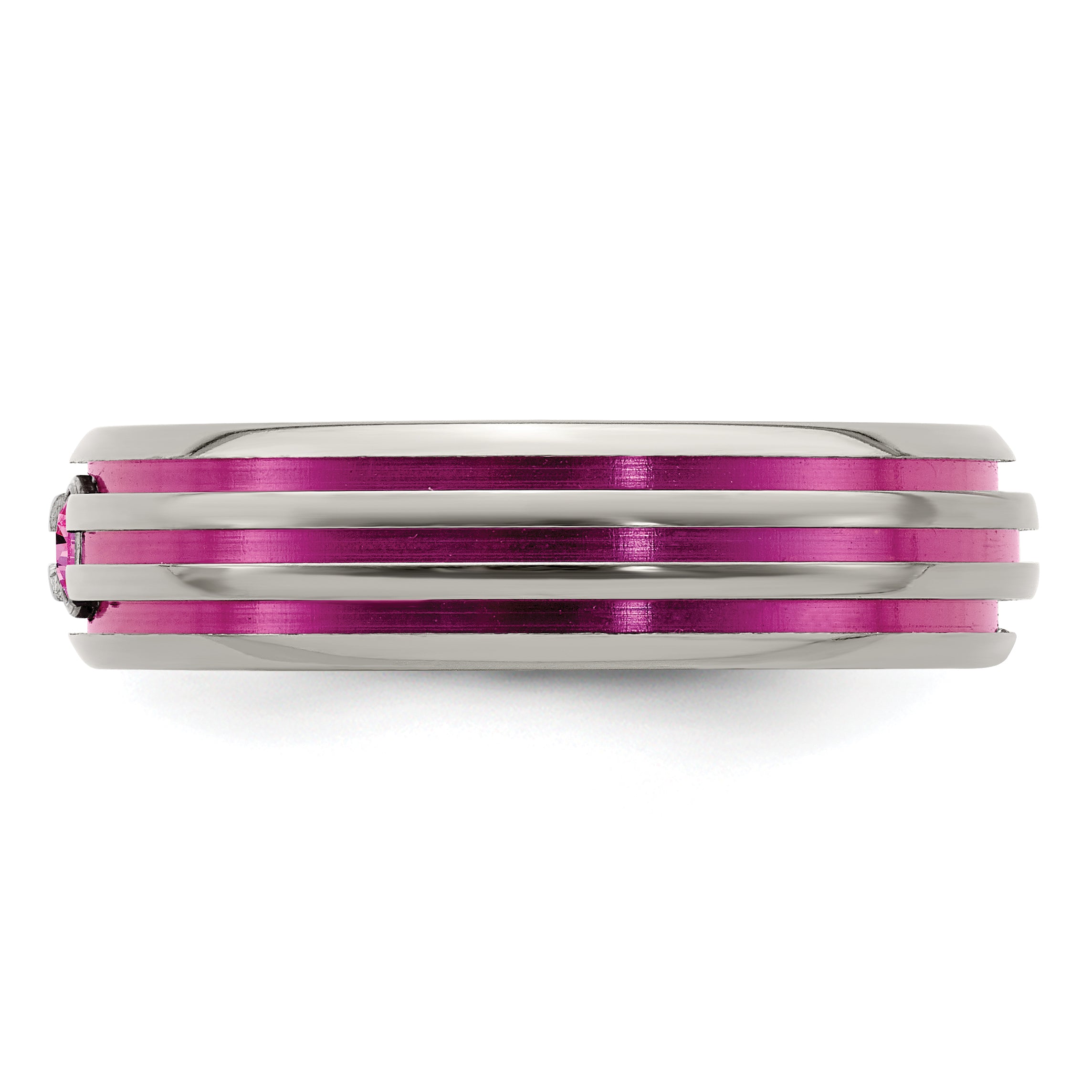 Edward Mirell Titanium Wedding Band with Pink Sapphire and Grooved Design