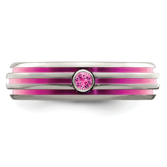 Edward Mirell Titanium Wedding Band with Pink Sapphire and Grooved Design