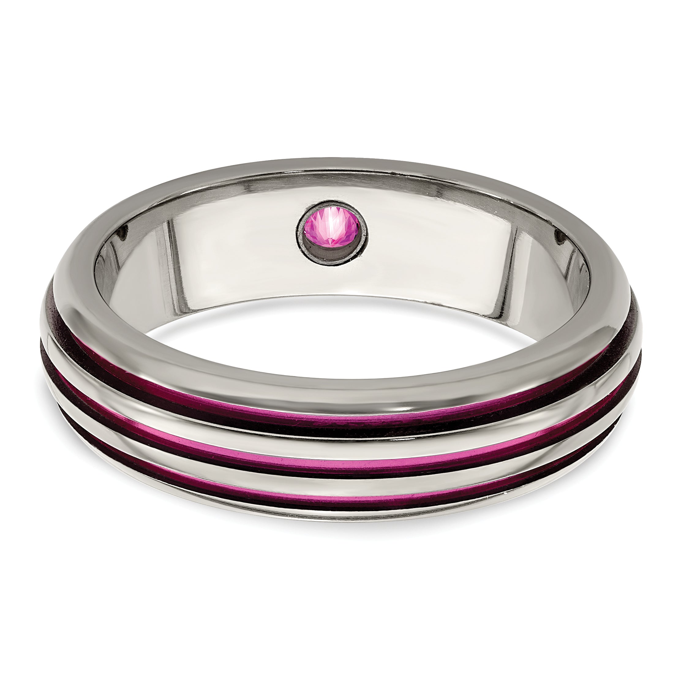 Edward Mirell Titanium Wedding Band with Pink Sapphire and Grooved Design