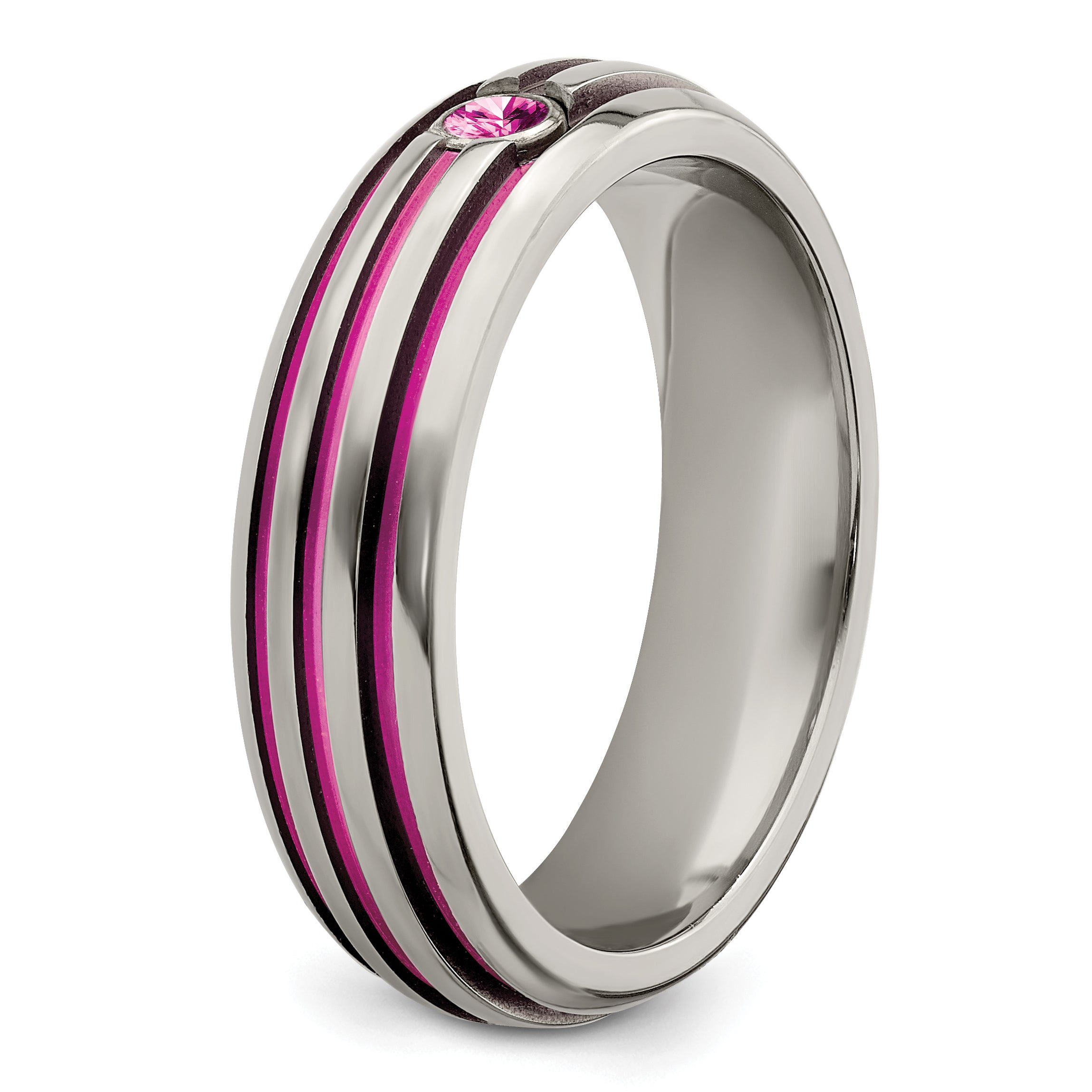 Edward Mirell Titanium Wedding Band with Pink Sapphire and Grooved Design