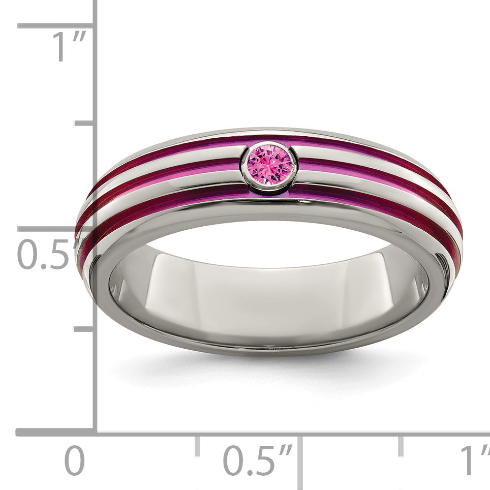 Edward Mirell Titanium Wedding Band with Pink Sapphire and Grooved Design