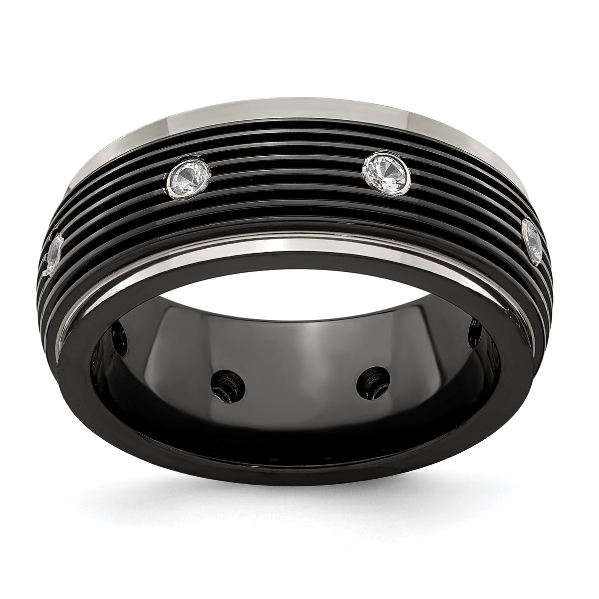 Edward Mirell Titanium & Black Ti With White Sapphires Grooved Ring